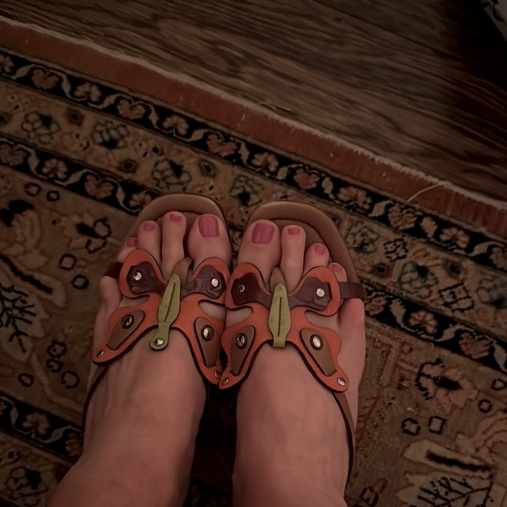 Prada Orange and Green Sandals with Metallic Accents